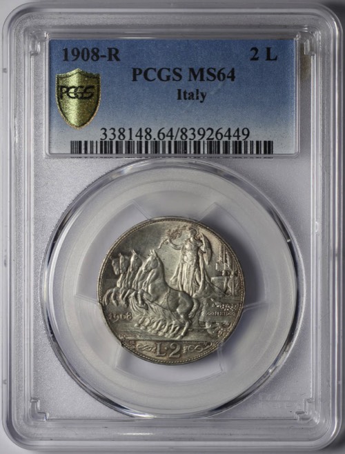 Italy 1908 2 lire reverse PCGS holder